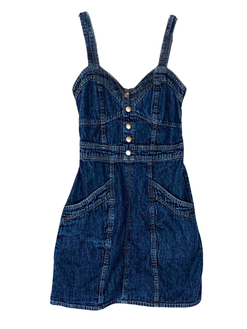 Y2K Japna Denim Button Front Mini Dress Smocked Back Womenās S Retro 90s
